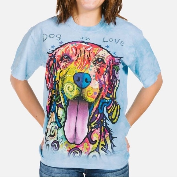 The Mountain Tops - The Mountain Dog Is Love by Dean Russo Blue Tie Dye Dog Shirt Size L